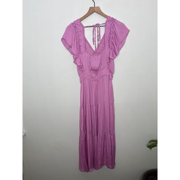 Joie Satin Midi Dress Purple Smocked Ruffle V Neck Womens Medium - Picture 6 of 8